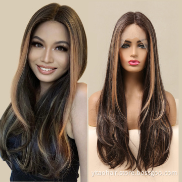 Transparent  Lace Front Synthetic Natural wave Wigs  Highlight Lace Frontal Wig for Women synthetic hair wigs with highlights